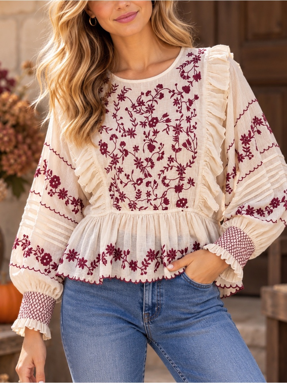 Calypso St. Barth M Cream Burgundy Floral Embroidered Top Peplum Ruffles Boho